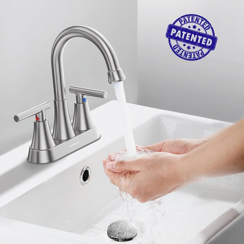 Hurran Bathroom Faucets for Sink 3 Hole, 4 inch Brushed Nickel Bathroom Sink Faucet with Pop-up Drain and Supply Hoses, Stainless Steel Lead-Free Centerset Faucet for Vanity RV, 2 Pack - Image 2